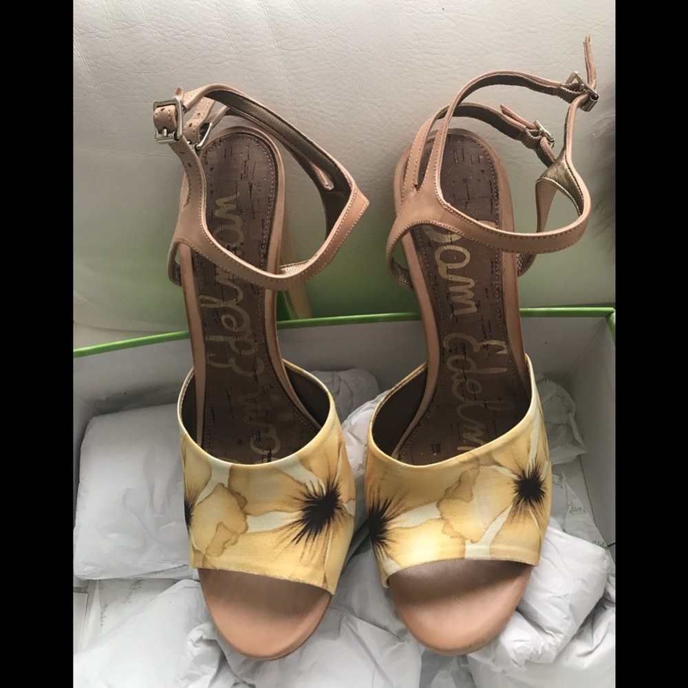 Sam Edelman yellow floral satin sandals